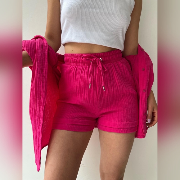 Texture Button Up Shirt and Drawstring Shorts Set - Picture 3 of 5